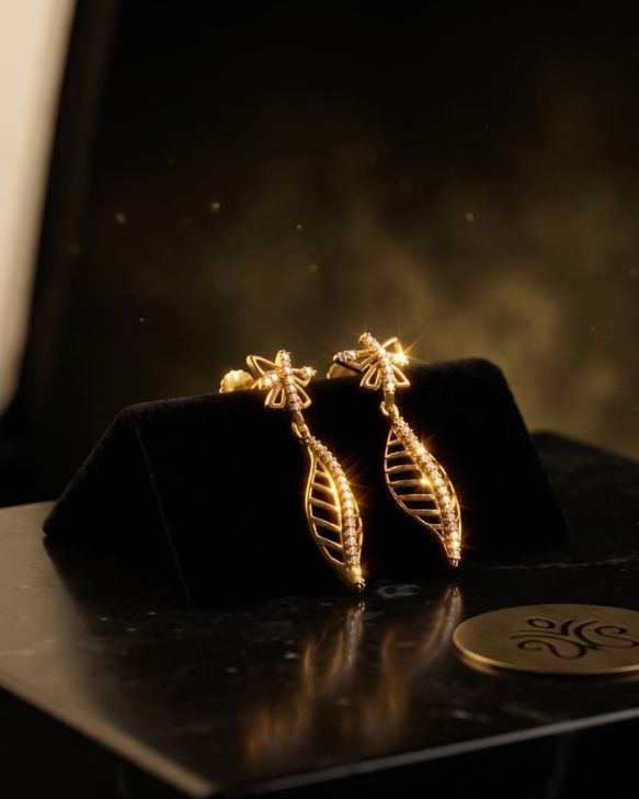 Leaf Design Gold Drop Earrings