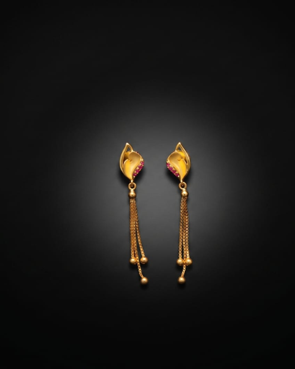 Gold Ruby Chain Drop Earrings